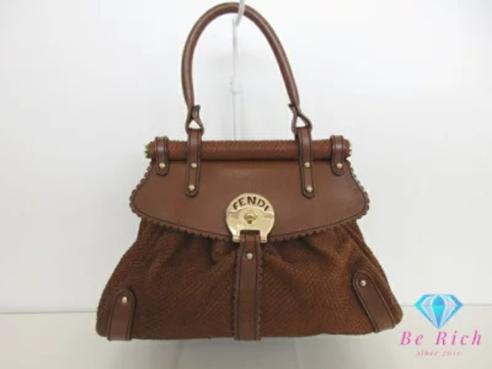 Fendi Borsa Magic Handbag Python Embossed Brown Suede Leather Shoulder Bag